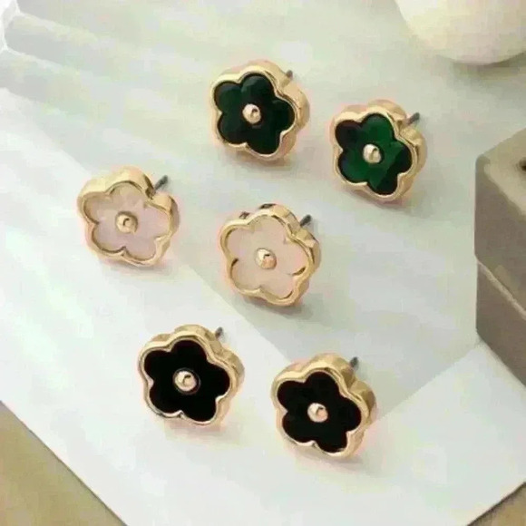 Three Pairs of Clover Stud Earrings Set: Green White and Black - Picture 2 of 3